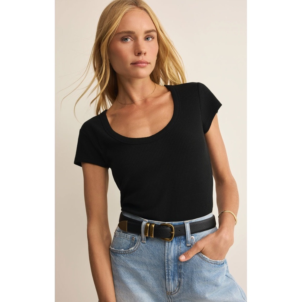 Z Supply Womens Black Ribbed Scoop Neck Short Sleeve Tee ZT231403S Size L